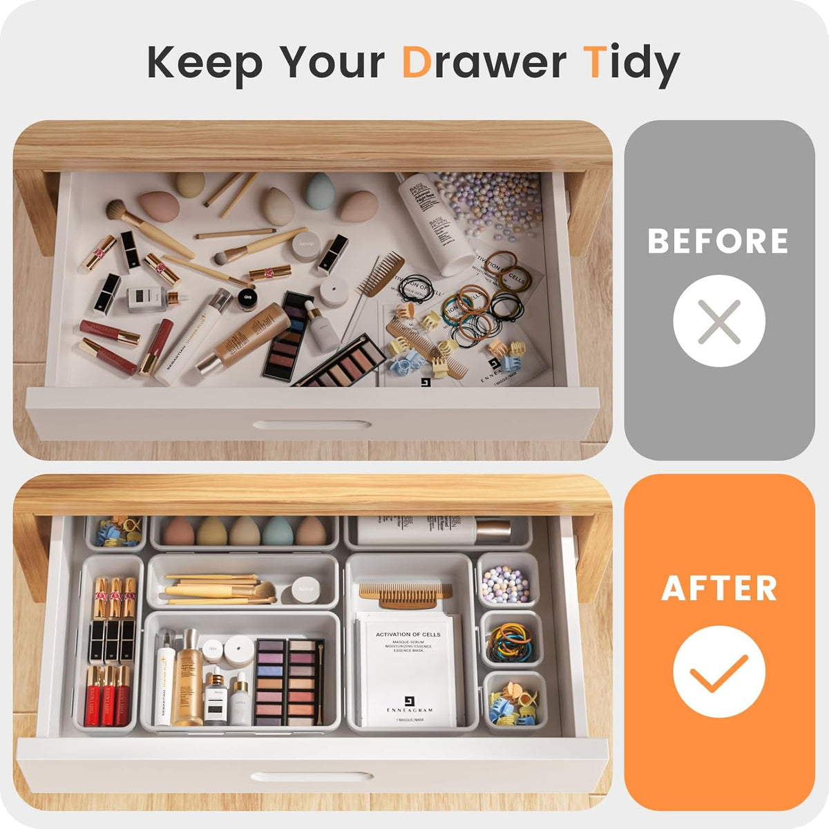 A-LuGei 【Military Grade】 Drawer Organizer,【𝟱𝗦𝗶𝘇𝗲】 Makeup organizer,【Holds 177 Items】 Bathroom Organizers and Storage,Organization and Storage,Desk Drawer Organizer for Vanity【Clear】