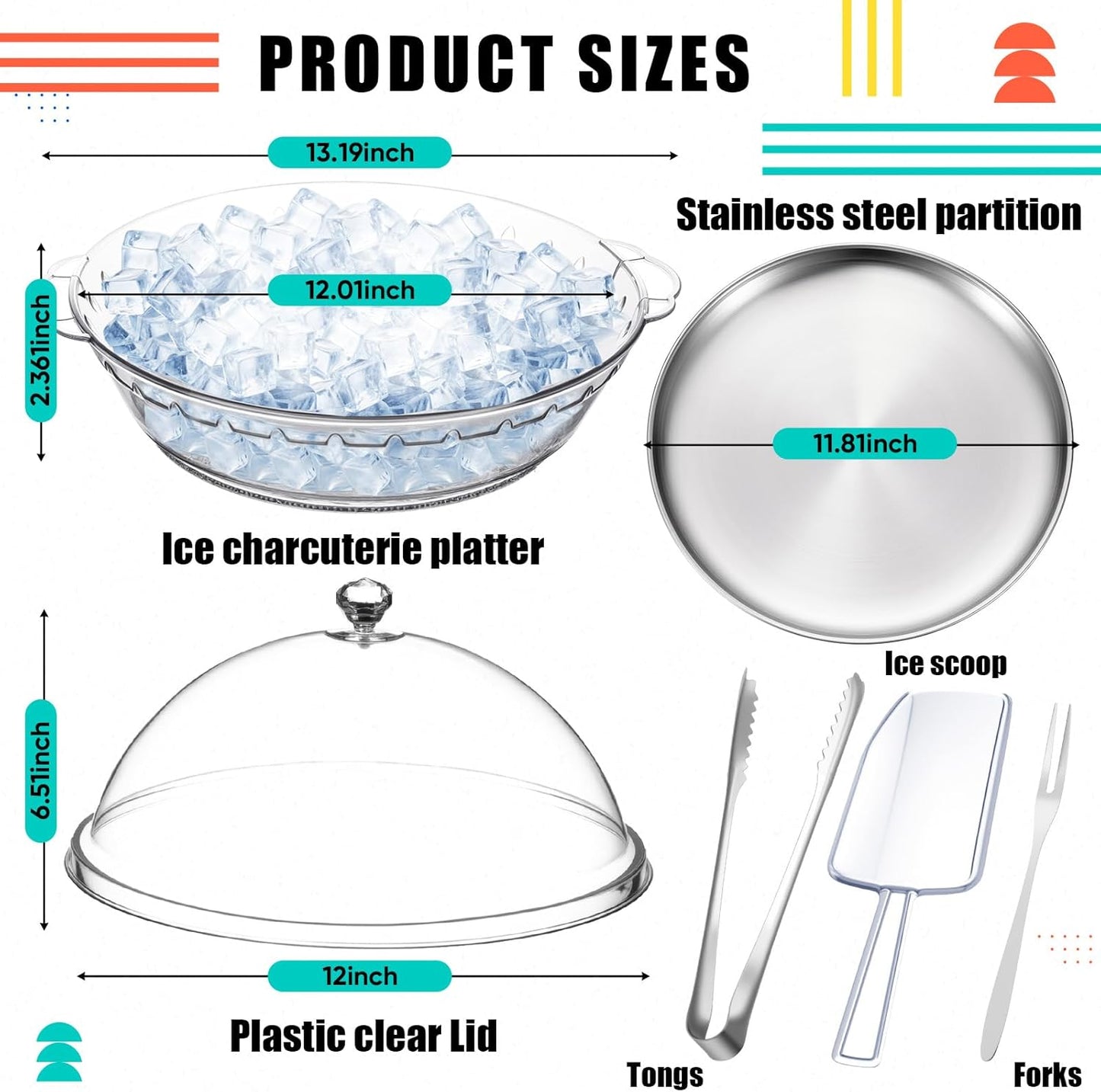 Baderke 11.8" Chilled Serving Tray for Parties with Compartments and lid Ice Chilled Party Platter Charcuterie Serving Board Cold Dish Dip for Fruit Seafood Vegetable Shrimp Cocktail(Silver,2 Pcs)