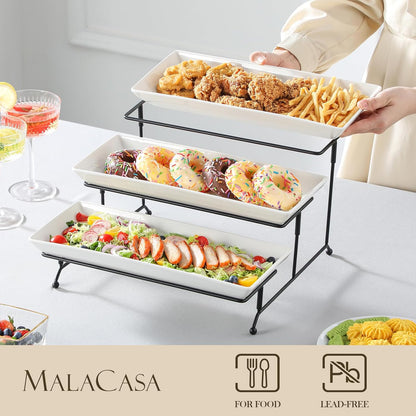 MALACASA 3 Tier Serving Trays for Party, Porcelain Serving Platters and Trays, 12 Inch Tiered Tray Stand, Fruit Tray, Trays for Serving Food, White Dessert Stand with Collapsible Sturdier Metal Rack