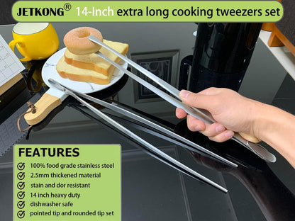 JETKONG 2 Pcs 12-Inch Kitchen Tweezers Fine Tweezer Tongs, Extra-Long Stainless Steel Cooking Tweezers (Silver)