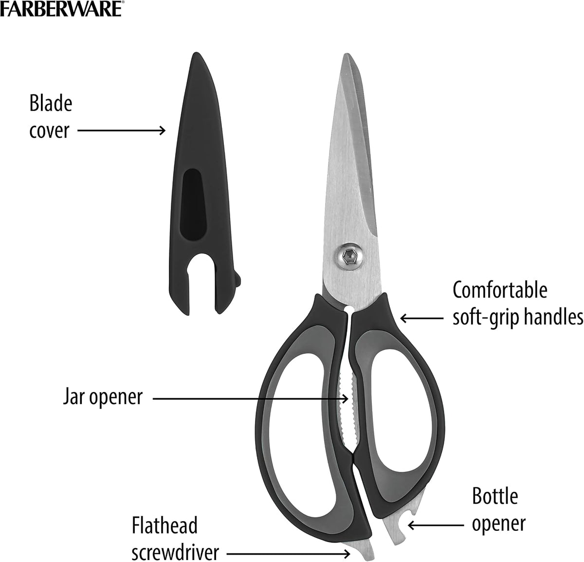 Farberware 4-in-1 Kitchen Scissors, High Carbon Stainless Steel, Black