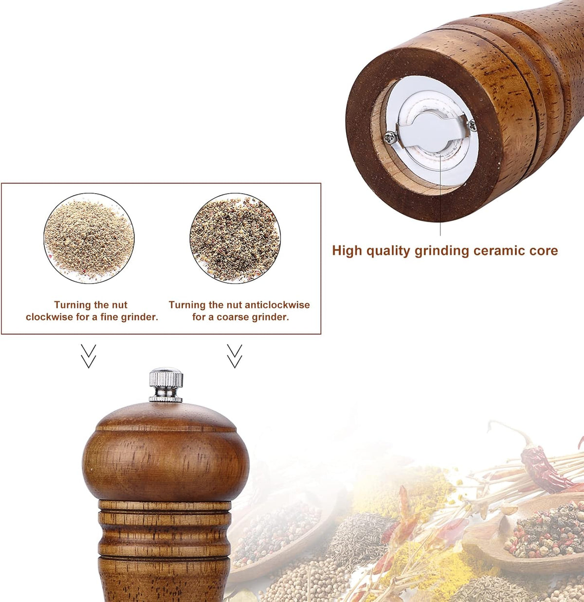 Gulex Wood Pepper Grinder Pepper Mill Adjustable Coarseness 8 Inch Retro