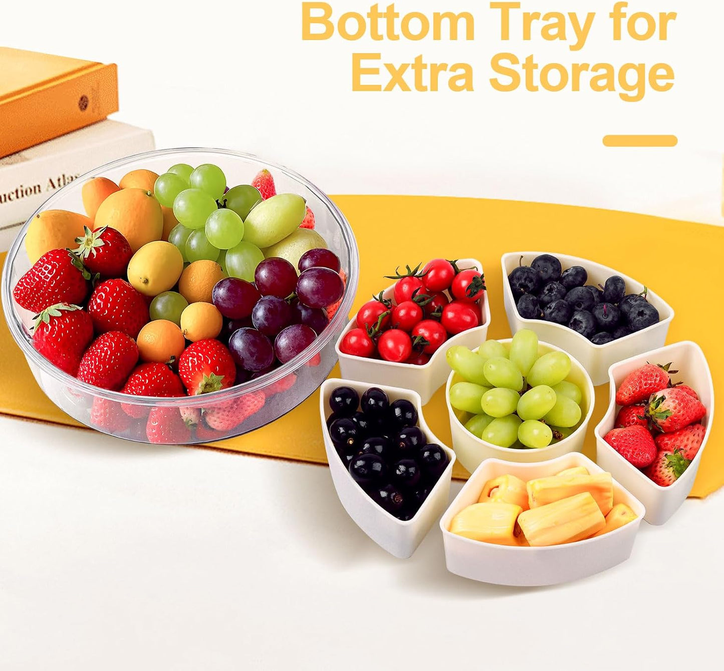 6 Compartment Snack Box Container with Lid and Handle, Divided Serving Tray with 360° Rotating Base, Snack Containers for Adults, Veggie Fruit Tray for Kitchen, Parties, Travel (cream color)