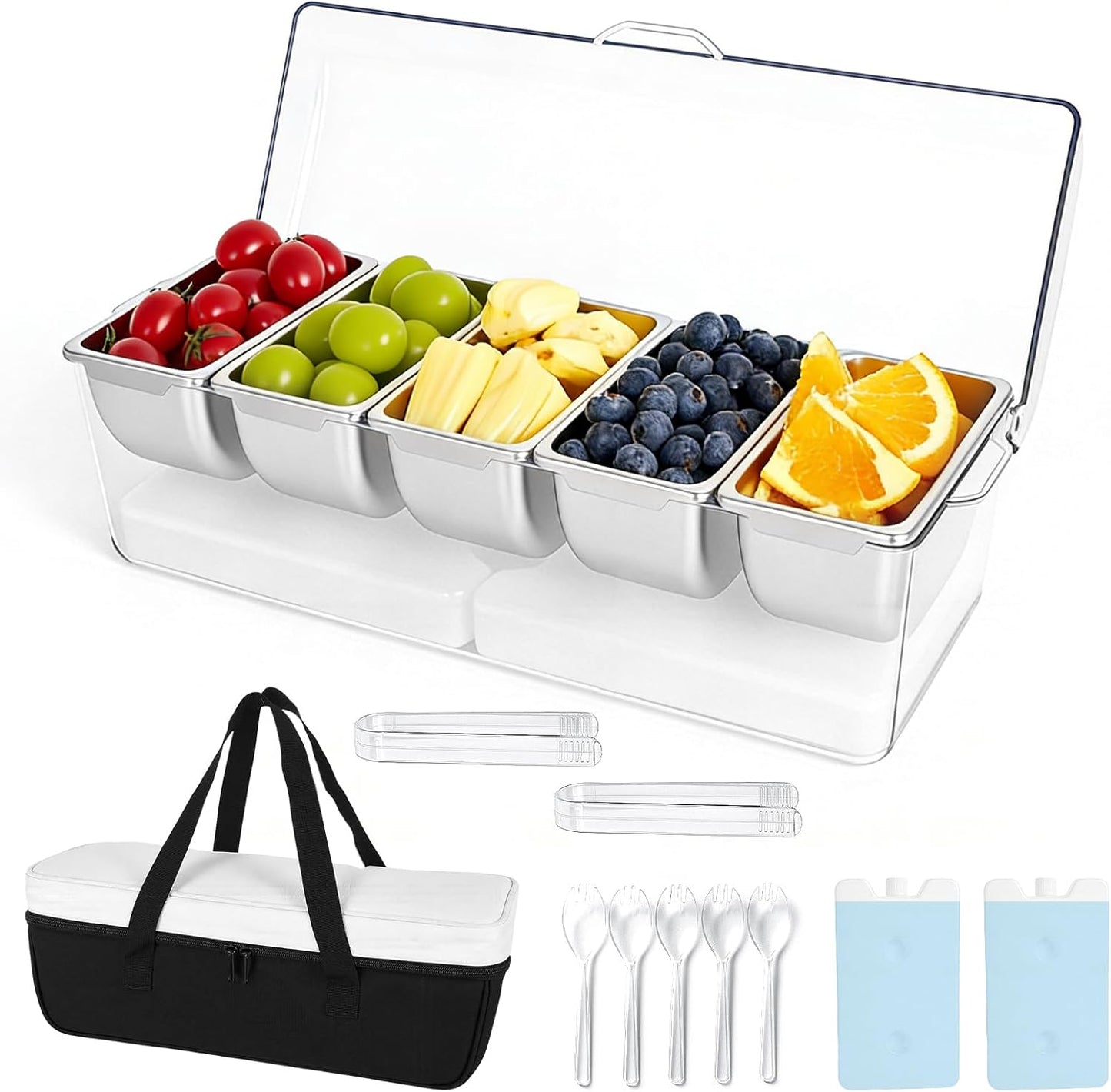 Chilled Condiment Caddy with 5 Stainless Steel Compartments – Condiment Containers with Lids, Serving Tray for Party, Bar, Salad, Taco & Fruit Garnish, Includes 2 Ice Packs, 5 Forks and 2 Tongs
