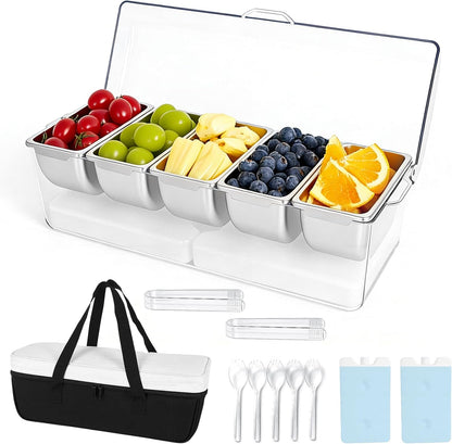 Chilled Condiment Caddy with 5 Stainless Steel Compartments – Condiment Containers with Lids, Serving Tray for Party, Bar, Salad, Taco & Fruit Garnish, Includes 2 Ice Packs, 5 Forks and 2 Tongs
