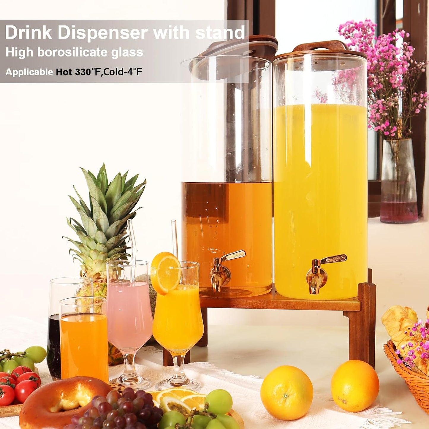 2PCS 1.6 Gallon Drink Dispenser,Glass Water Dispenser with Stand,Beverage Dispenser with Stainless Steel Spigot,Drink Dispensers for Parties,Bars,Restaurants