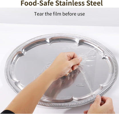 6 Pcs Silver Serving Tray, Large Serving Tray Set for Parties, Events, Stainless Steel Oval Floral Engraved Tray with Polished Surface, Food-Safe, 15.7x11.8 in
