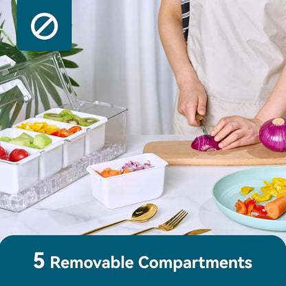 Luckore 2 Pack Chilled Condiment Tray Server with 5 Removable Small Compartments Containers & Hidden Handle Design, Ice Chilled Condiment Organizer, Garnish Serving Tray for Camping, Fruit, Salad