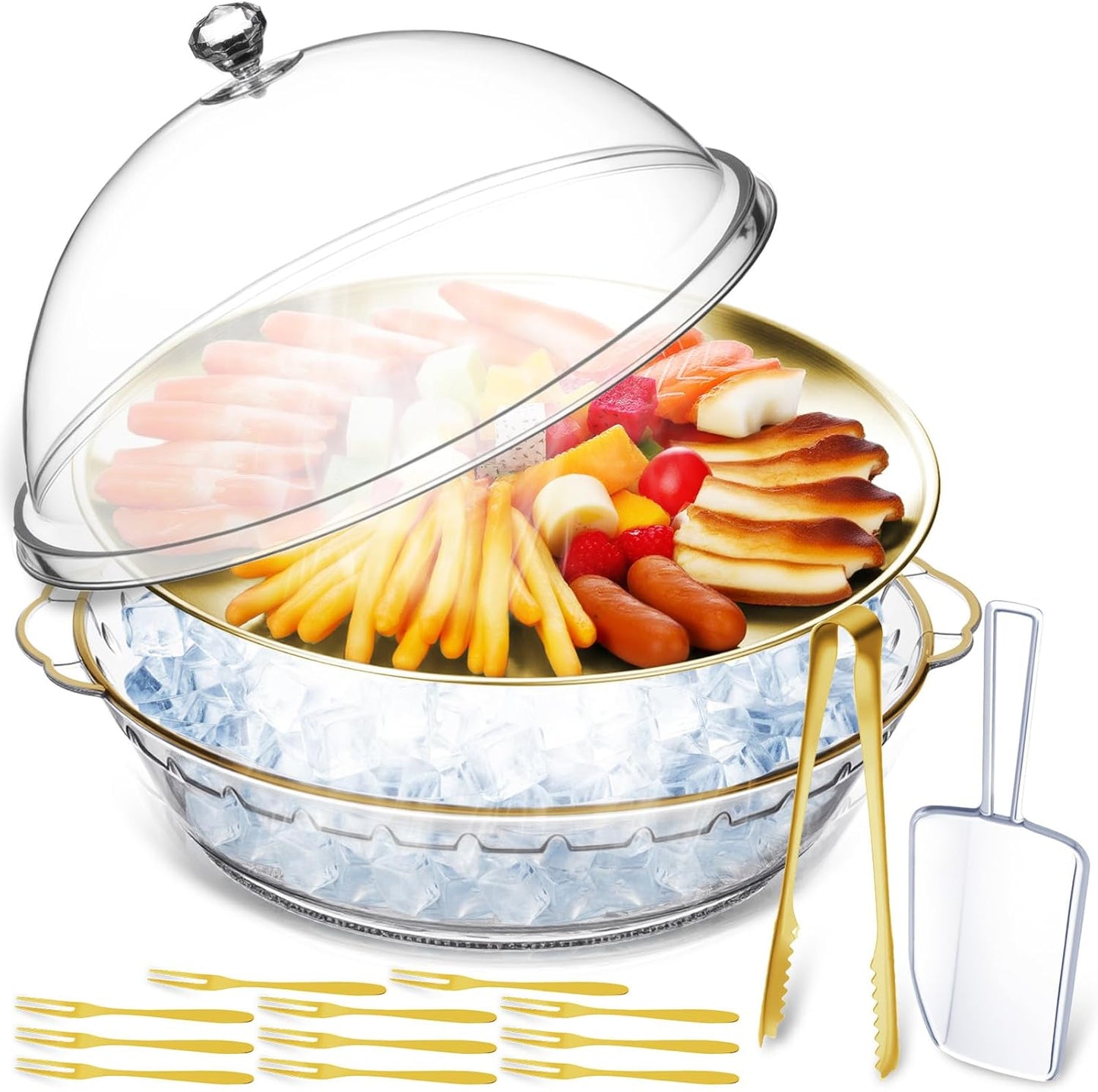 Baderke 11.8" Chilled Serving Tray for Parties with Compartments and lid Ice Chilled Party Platter Charcuterie Serving Board Cold Dish Dip for Fruit Seafood Vegetable Shrimp Cocktail(Silver,2 Pcs)