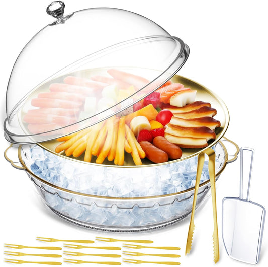 Baderke 11.8" Chilled Serving Tray for Parties with Compartments and lid Ice Chilled Party Platter Charcuterie Serving Board Cold Dish Dip for Fruit Seafood Vegetable Shrimp Cocktail(Silver,2 Pcs)