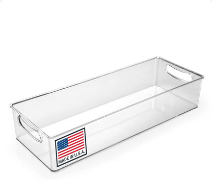 Pikanty Clear Refrigerator Organizer Bin with Handles — 15 Inch Stackable Fridge and Pantry Storage Container for Snacks, Produce, Cans, Yogurt, Condiments, Dishwasher and Freezer Safe, Made in USA