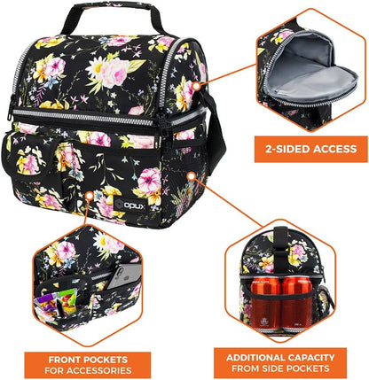 opux Insulated Lunch Bag Women Men, Dual Compartment Leakproof Lunch Box Adults Kids, Double Decker Meal Prep Bento Lunch Cooler Tote with Shoulder Strap for Work Office School Travel, Floral Purple