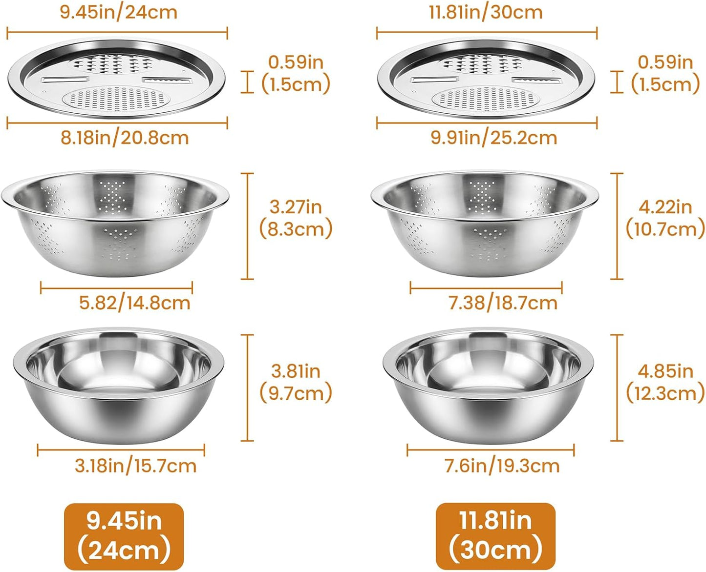 Stainless Steel Mixing Bowls Set, Multifunctional Kitchen Basin with Strainer & Colander, Fruit Lettuce Spinner for Washing, Draining & Food Prep (9.45in（24cm）)