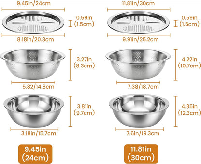 Stainless Steel Mixing Bowls Set, Multifunctional Kitchen Basin with Strainer & Colander, Fruit Lettuce Spinner for Washing, Draining & Food Prep (9.45in（24cm）)