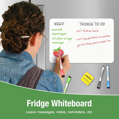 HOMiDEK Magnetic Dry Erase Board: Small Fridge Whiteboard, Flexible Refrigerator Magnet White Board, Blank Writing Note Sheet with Kitchen Conversion Chart Magnet, 4 Markers & Eraser - 12 x 8