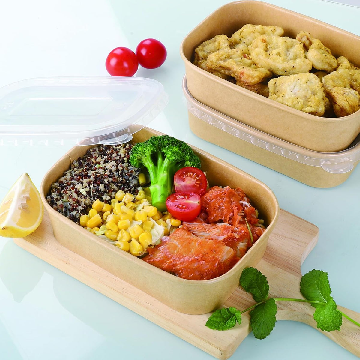 50 Sets 25oz Disposable Kraft Paper Bowls with Lids, Rectangle