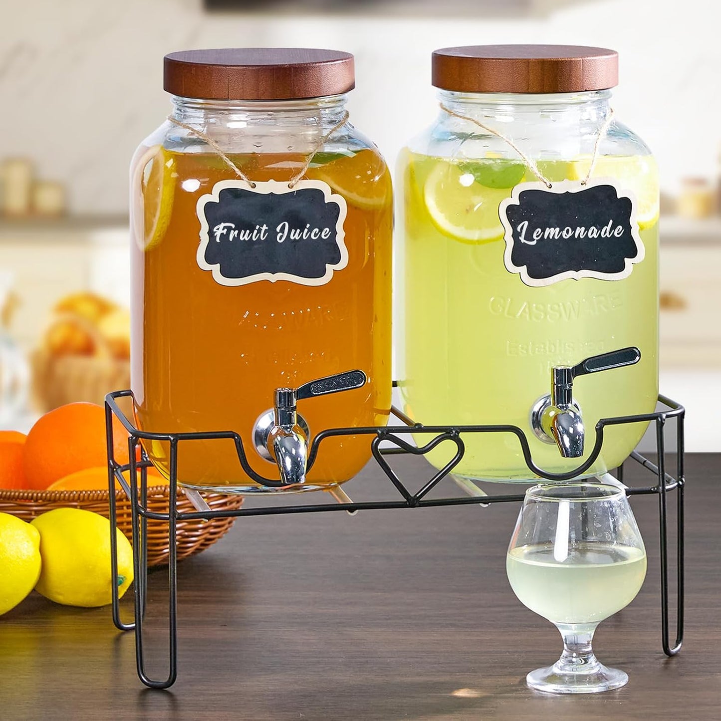 2 Pack1Gallon Glass Drink Dispenser with Stand&Bamboo Lids&Fruit Infuser,304 Stainless Steel Leak-Proof Spigot,Beverage Dispenser for Parties,Water Sangria Juice Sun Tea Lemonade(Natural)