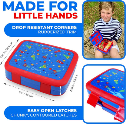 Kinsho Bento Lunch Box for Kids Toddlers, 5 Portion Control Sections, BPA Free Removable Plastic Tray, Pre-School Kid Toddler Daycare Lunches, Snack Container Ages 3 to 7 (Blue Space Rockets)
