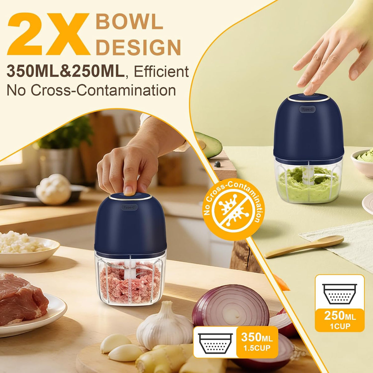 Electric Mini Food Chopper with 2 Plastic Bowls(1Cup&1.5Cup), White