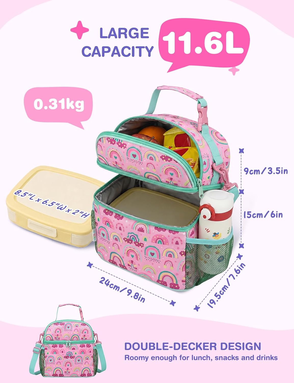 VASCHY Lunch Box Bag for Kids, Insulated Double Compartments Cooler Lunch Tote for Toddlers Boys Girls School/Daycare/Picnic Black Dinos
