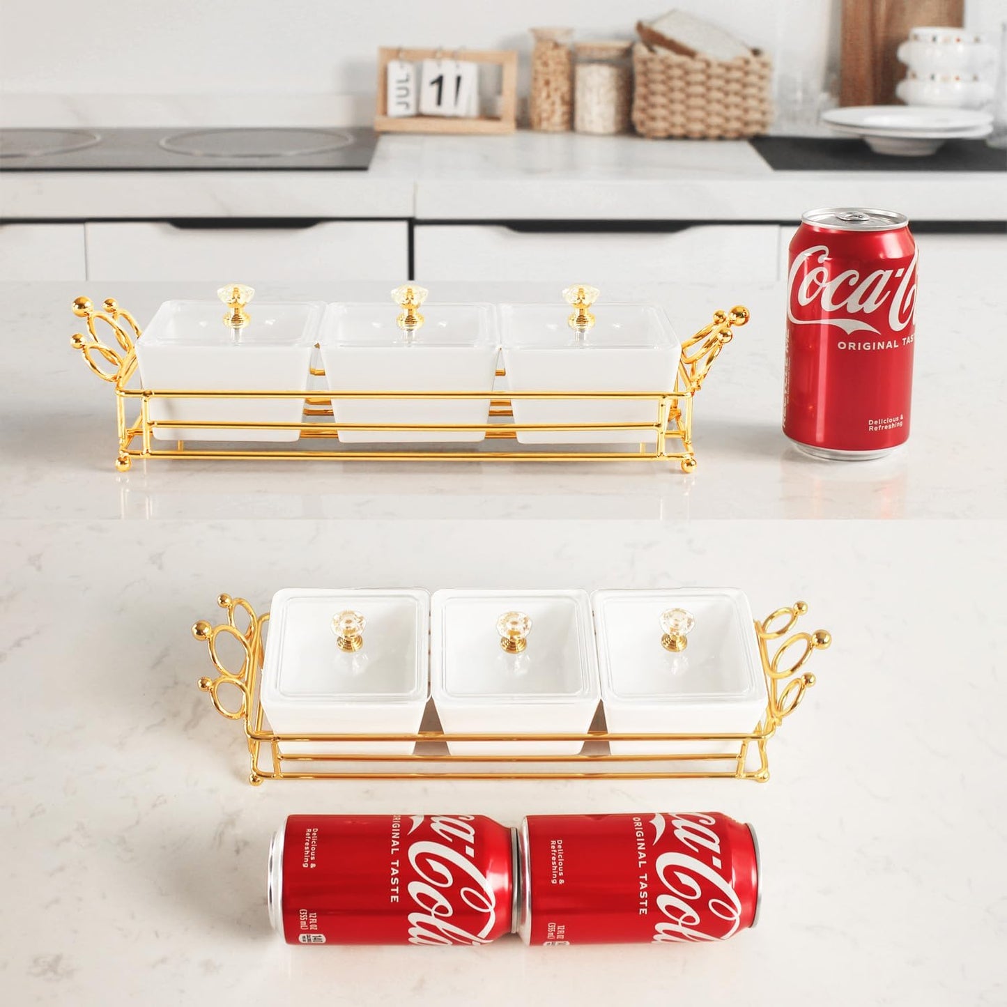 YA JU Ceramic Bowls and with Lid Gold Basket Trays, 6 Removable Small Bowls Condiment Trays Nut Serving Set for Snacks, Fruits, Candy and Condiments -Great for Parties, Holiday Gifts, White