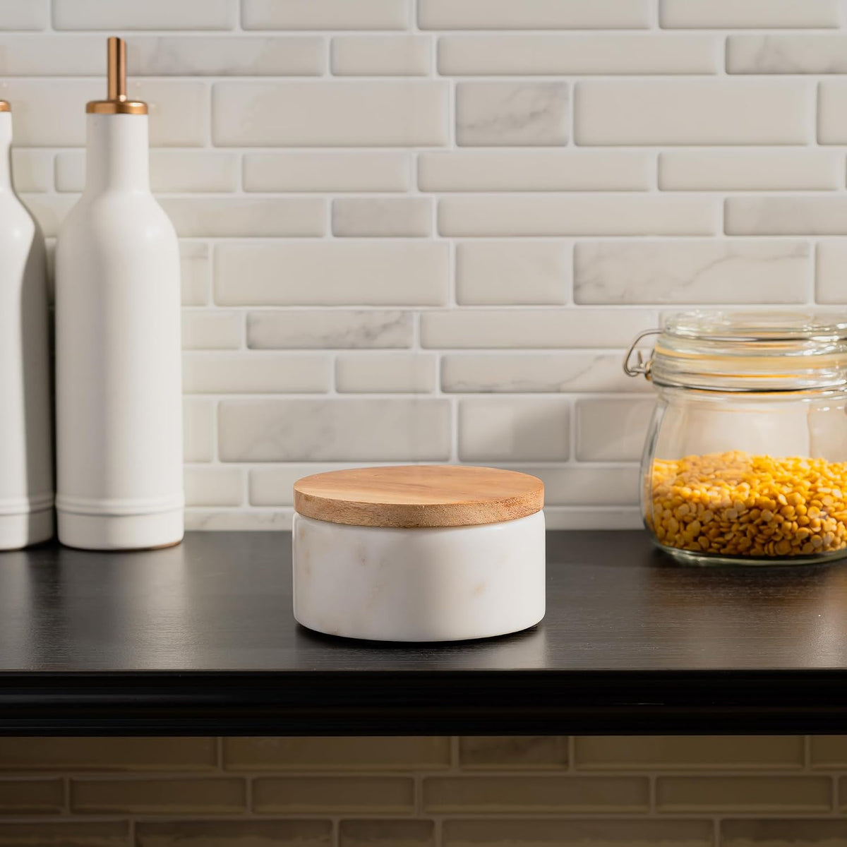 Cork & Mill Marble Salt Cellar with Acacia Wood Lid and Spoon, White
