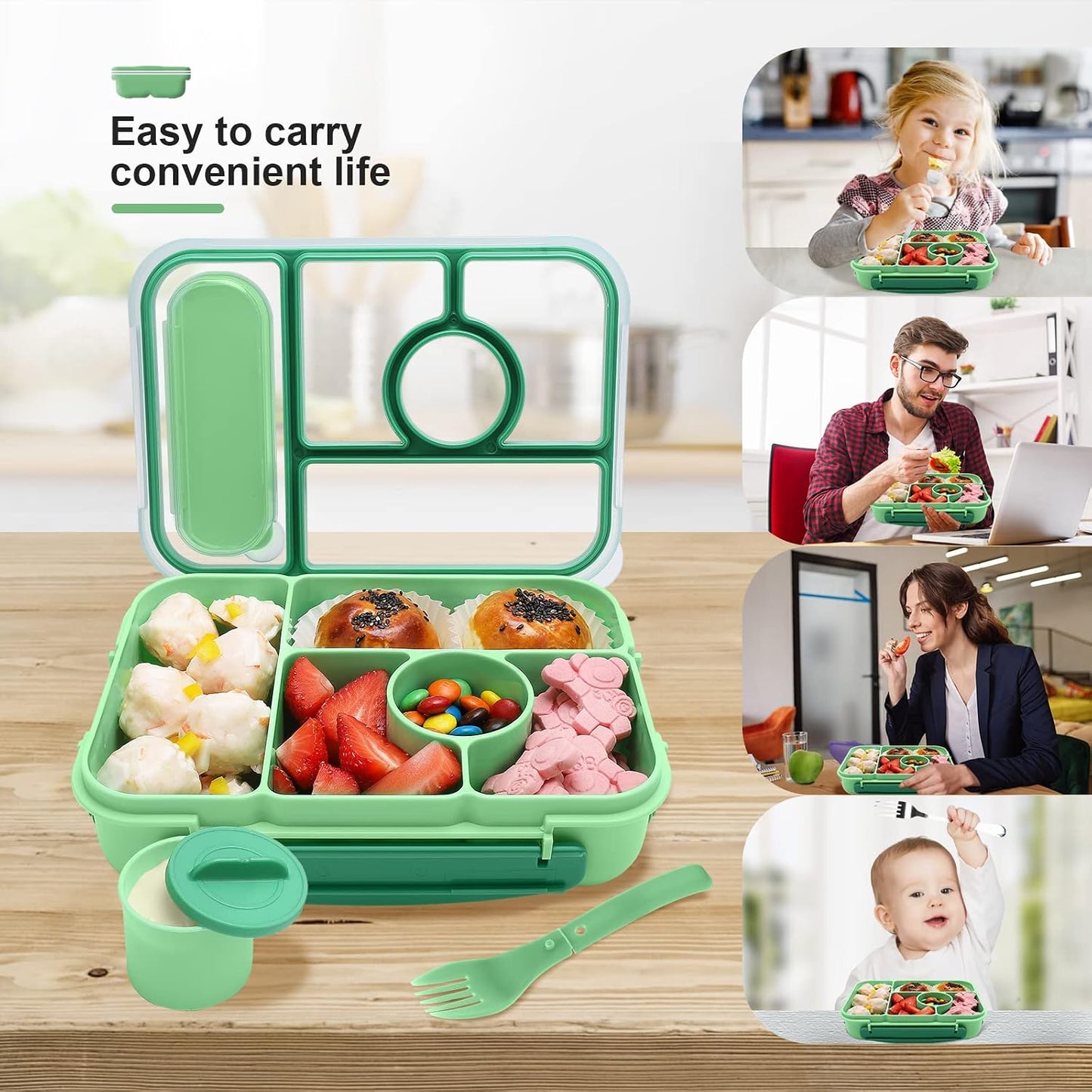 Amathley Bento Box Adult Lunch Box Kids,Lunch Containers for Adults/Kids/Toddler,5 Compartments Bento Lunch Box with Sauce Vontainers,Microwave & Dishwasher & Freezer Safe,BPA-Free (Blue)