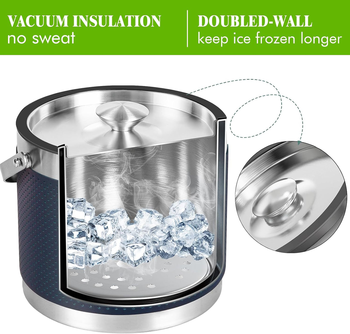 3.2L Double Wall Stainless Steel Ice Bucket with Lid,Scoop, Updated Insulated Ice Bucket for Cocktail Bar and Parties