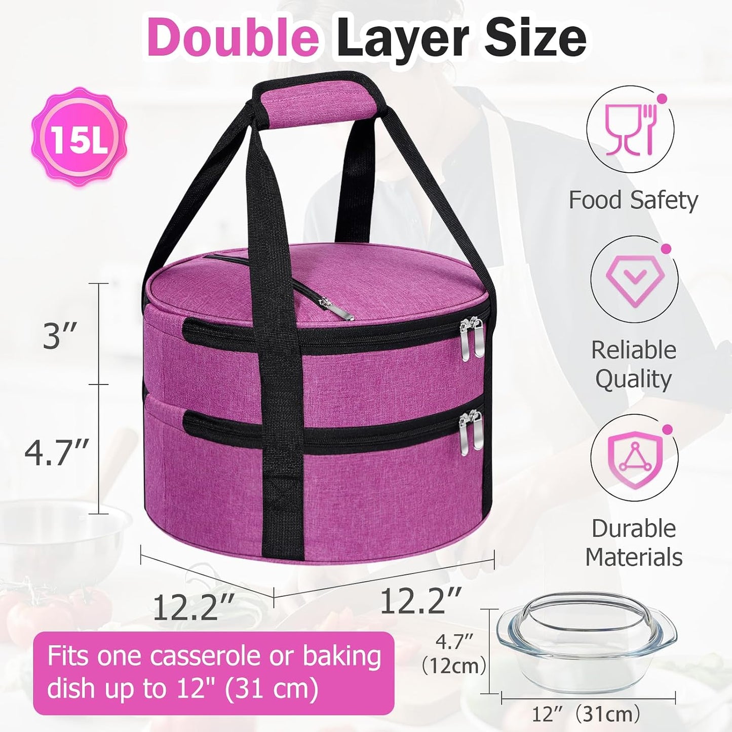Round Insulated Casserole Carrier – 12" Portable Pie Carrier Bag for Hot or Cold Food, Leakproof Thermal Lunch Tote with Handle for Parties Picnic & Travel - Grey