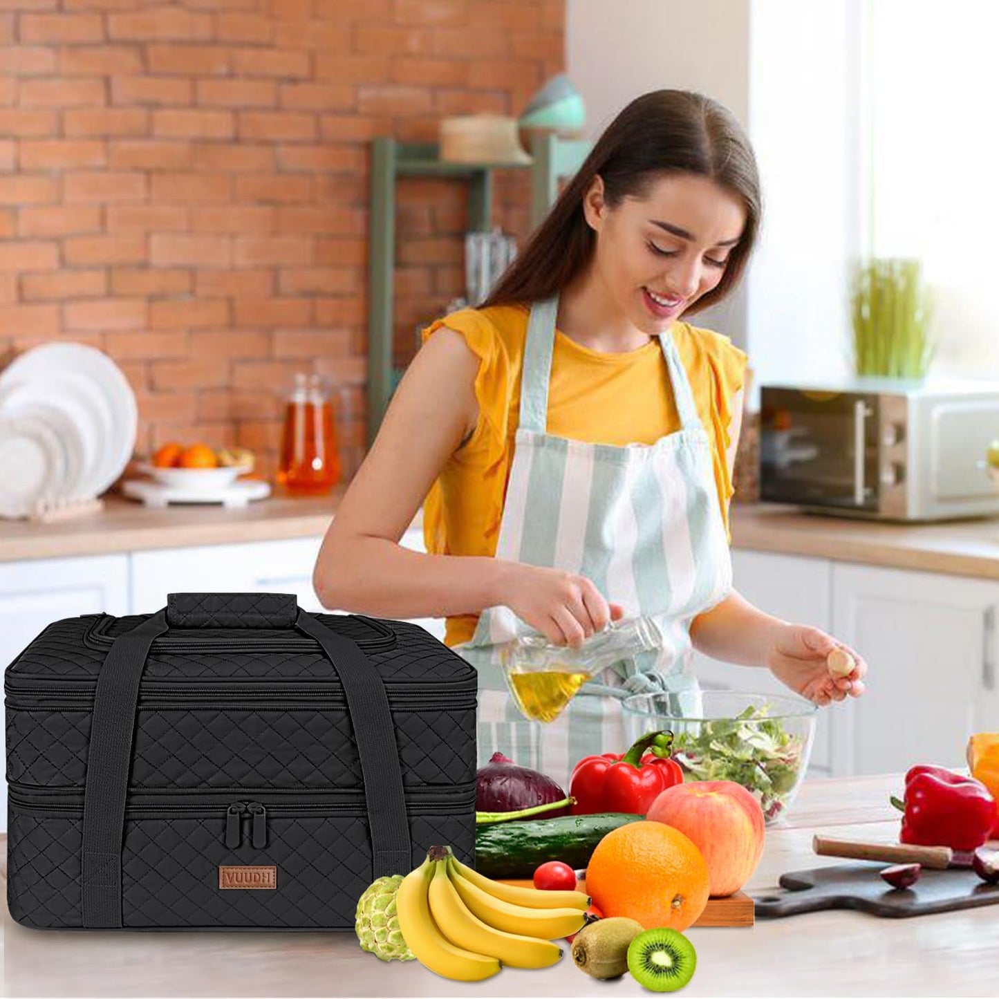 Quilted Double Decker Casserole Carrier - Expandable Dish Carrying Case for Hot or Cold Food, Lasagna Holder for Potluck Parties, Picnic, Beach, Fits 9"×13" Baking Dish (Black)
