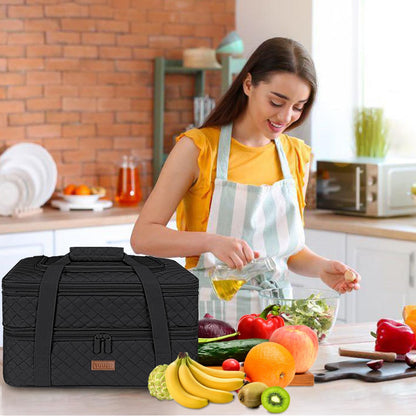 Quilted Double Decker Casserole Carrier - Expandable Dish Carrying Case for Hot or Cold Food, Lasagna Holder for Potluck Parties, Picnic, Beach, Fits 9"×13" Baking Dish (Black)