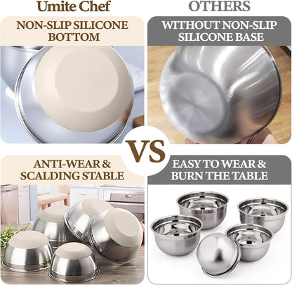 Umite Chef Mixing Bowls with Airtight Lids Set, 8PCS Stainless Steel Nesting Bowls with Grater Attachments, Non-Slip Bottoms, 5, 4, 3.5, 2, 1.5QT for Mixing & Serving