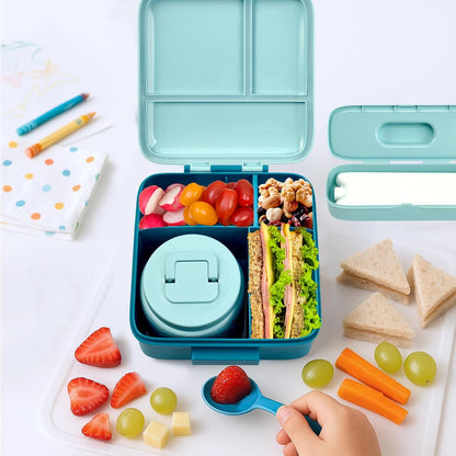 JXXM Bento Lunch Box for Kids With 8oz Soup thermo,Leak-proof Lunch Containers with 5 Compartment,thermo Food Jar and Lunch Bag, Food Containers for School (A-Blue(Extreme Locomotive))