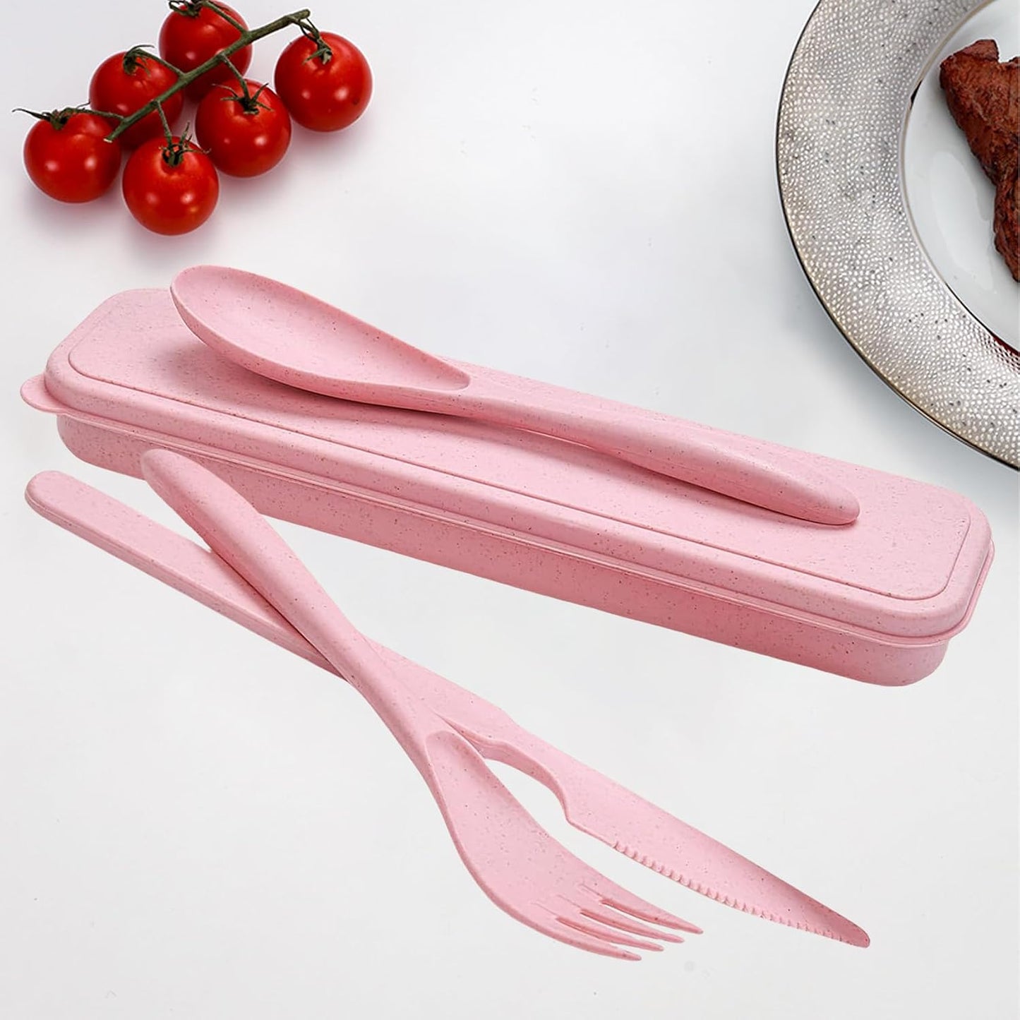 2Pack Reusable Travel Utensil Set, Plastic Fork Spoon Knife with Case, BPA-Free Portable Cutlery for Camping, Picnic & Office (Purple & Pink)