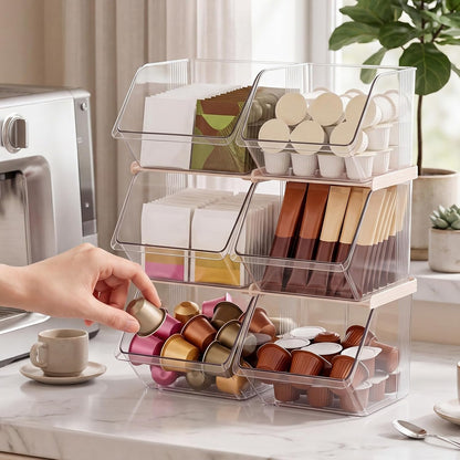 4 Pcs Clear Plastic Storage Bins Stackable Pantry Storage Organizer Kitchen Cabinet Organizers Ideal Containers for Tea Sugar Bag Coffee Pod Office Fridge Caddy