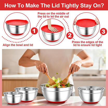 TeamFar Mixing Bowls, Stainless Steel Mixing Bowls with Lids, Nesting Salad Bowls with Air-tight Lids & Non-slip Bottom, Dishwasher Safe & Stackable, Set of 6-4.6/2.6/2 / 1.5/1 / 0.7 Qt