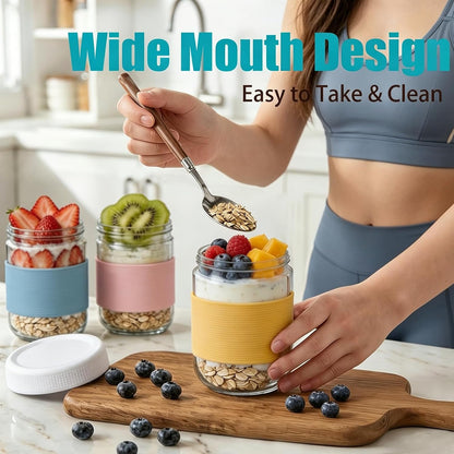 16 oz (6 Pack) Overnight Oats Containers with Airtight Lids and Silicone Sleeves, Leakproof Glass Meal Prep Containers, Wide Mouth Cookie Jars for Yogurt Chia Salad Smoothies Snacks