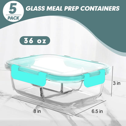 KOMUEE Glass Meal Prep Containers 3 Compartments, 5 Pack 36 oz, Glass Food Storage Containers with Lids, Airtight Lunch Bento Box, Portion Control, Freezer and Microwave Safe