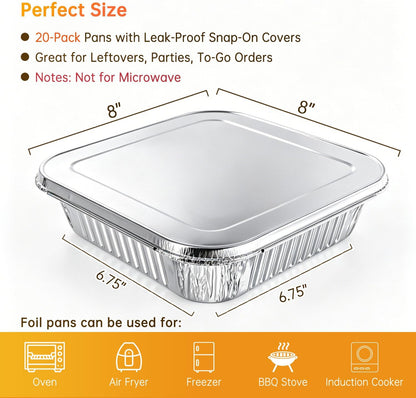 8x8 Aluminum Pans - 20 Pack Disposable Foil Pans, Heavy Duty Square Aluminum Baking & Roasting Trays for Meal Prep, Food Storage, Heating & Party Serving