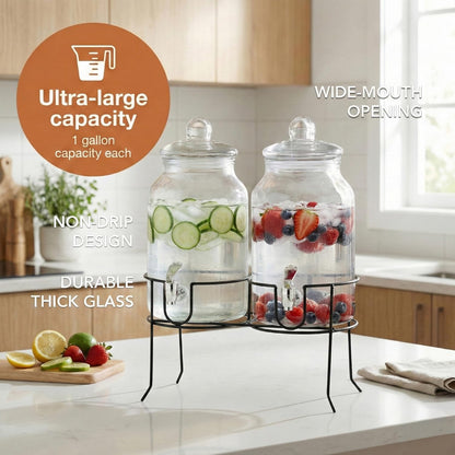 Style Setter Rustic Home Beverage Dispenser Set of 2 Cold Drink Dispenser w/ 1-Gallon Capacity each Glass Jug, Metal Rack & Leak-Proof Acrylic Chrome Spigot Great for Parties, Weddings