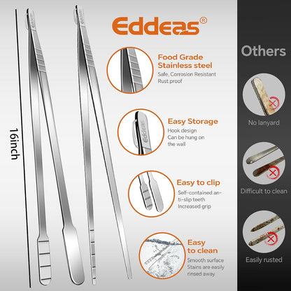 Eddeas Kitchen Tweezers Tongs, Cooking Tweezers Stainless Steel - 3 Size 12'' 10'' & 8 inch Ideal for Meat, pasta, plating and pinching delicate small pieces of food, Set of 3