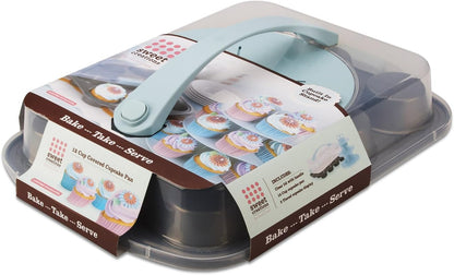 GoodCook Sweet Creations Bake-Take-Serve Nonstick Cupcake Pan Set with Tiered Stand, Silver/Blue