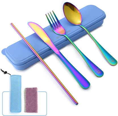 Boulder Bee | Travel Utensils Set | Reusable Camping Cutlery Set | Stainless Steel Flatware Set | Portable Silverware Set with Case | Includes Knife/Fork/Spoon/Straw/Cleaning Cloth/Case (Purple)