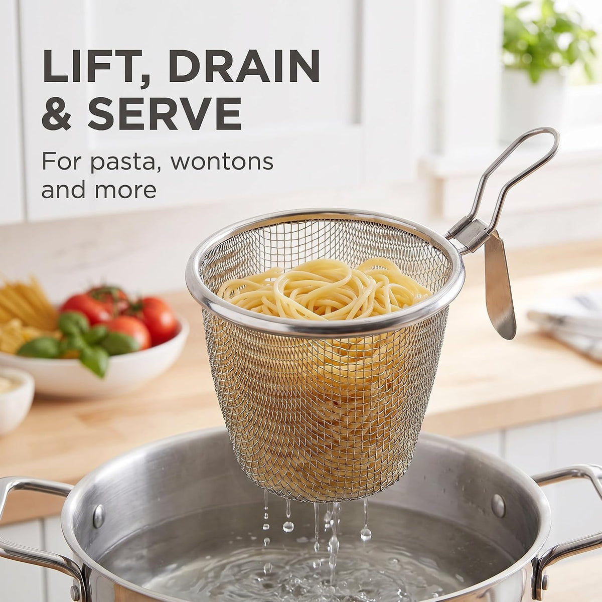 Stainless Steel Pasta Basket, Mesh Spider Food Dumpling Noodle Strainer, Fine Mesh Strainer with Handle
