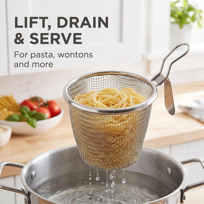 Stainless Steel Pasta Basket, Mesh Spider Food Dumpling Noodle Strainer, Fine Mesh Strainer with Handle