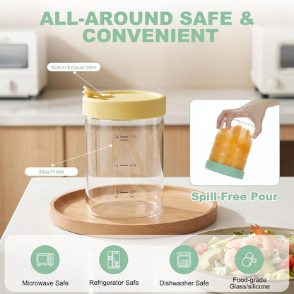 4-Pack Glass Soup Freezer Containers with Vented Silicone Lids, 24oz High Borosilicate Meal Prep Jars, Leakproof Microwave and Dishwasher Safe Food Storage Set for Stew, Sauce, Home and Office