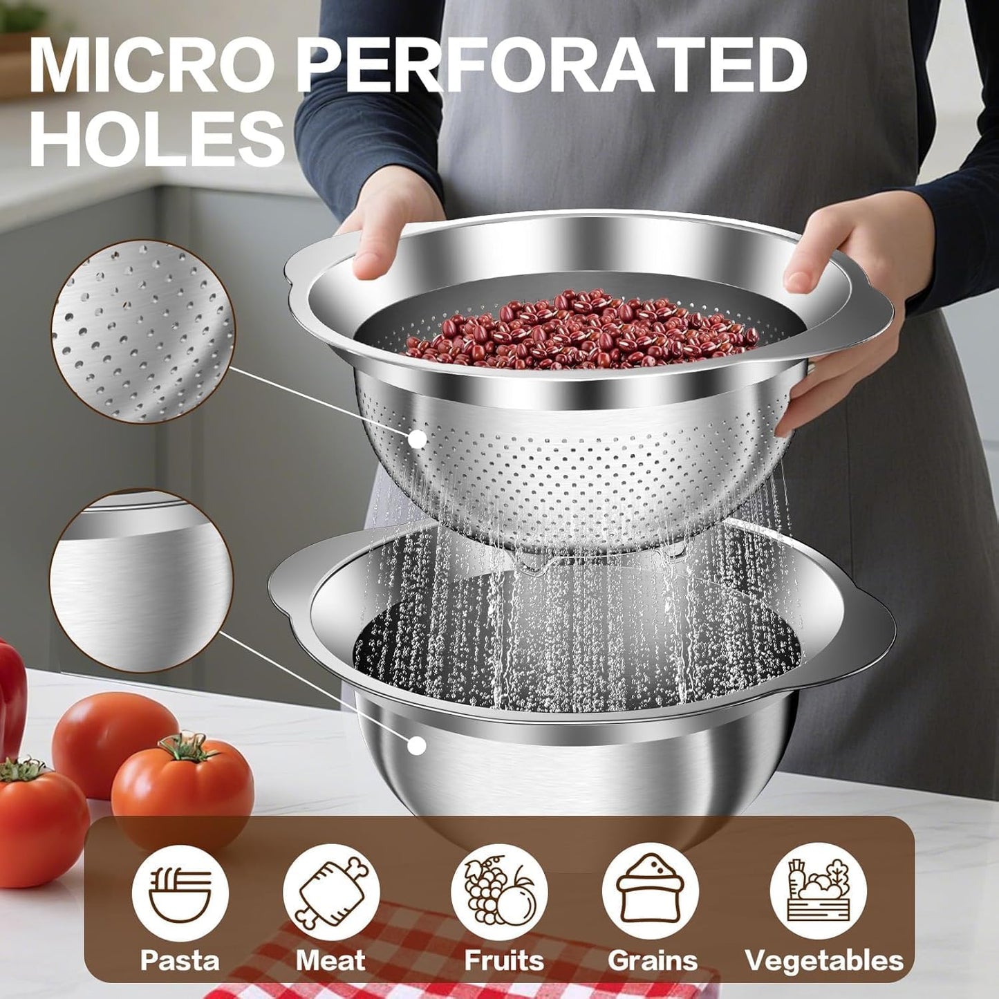 Stainless Steel Strainer with Mixing Bowl, Rice Washer, Colander for Kitchen, Rice Strainer, Fruit and Vegetable Wash, Microporous Colander, Fruit Cleaner Bowl, Dishwasher Safe