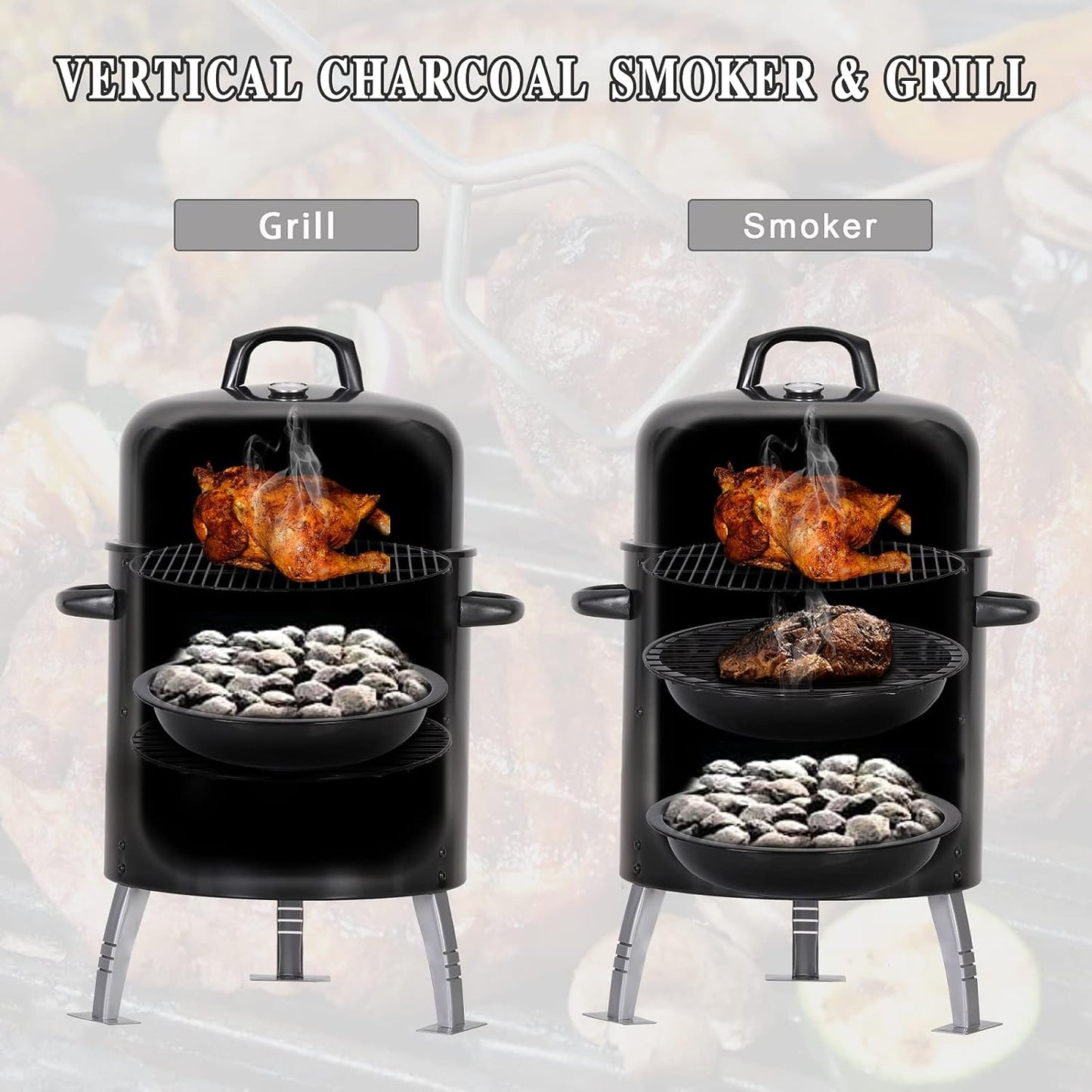 Sophia & William 18-Inch Vertical Charcoal Smokers BBQ Grills with Porcelain-Enameled Smoking Chamber & 2-Layer Smoking Shelves, Outdoor Smokers & Tabletop Grill Combo for Barbecue Camping(Black)