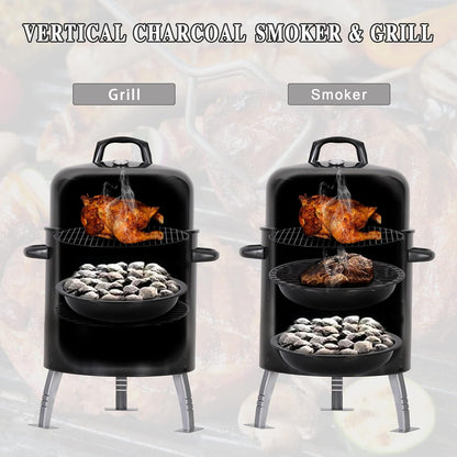Sophia & William 18-Inch Vertical Charcoal Smokers BBQ Grills with Porcelain-Enameled Smoking Chamber & 2-Layer Smoking Shelves, Outdoor Smokers & Tabletop Grill Combo for Barbecue Camping(Black)