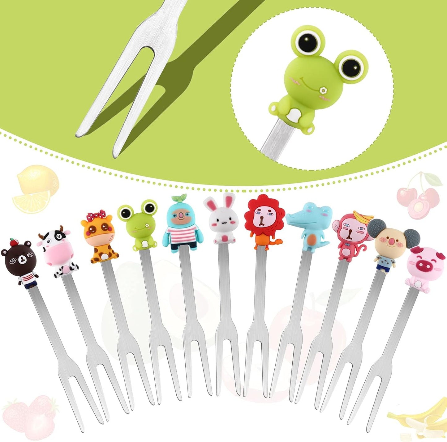 12 Pcs Food Picks for Kids with 2 Ceramic Jars Set of 2 Cute Cartoon Animal Fruit Forks Kids Toothpicks Stainless Steel Bento Picks for Kids with Silicone Handles Back to School Party Supplies